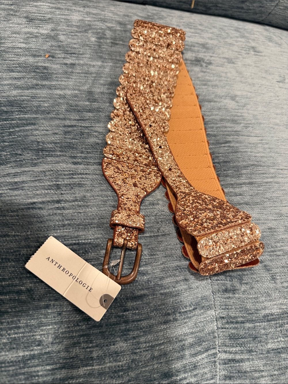 Anthropologie Glitter Elastic Belt in Rose-Copper